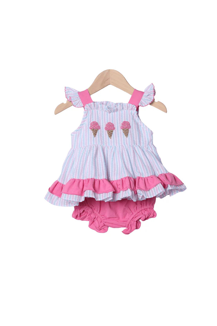 French Knot Ice Cream Seersucker Stripe Bloomer Set | The Smocked Flamingo