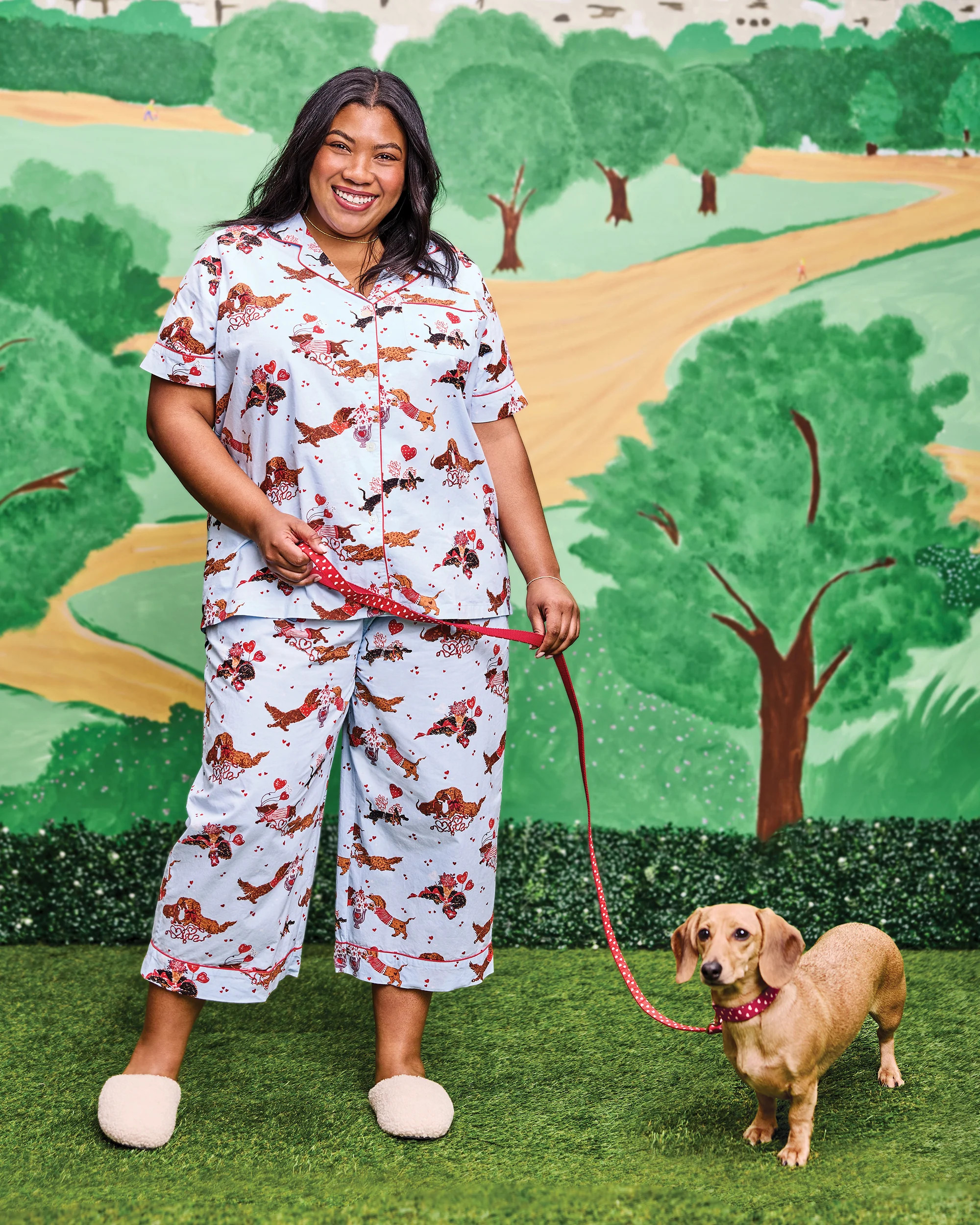 Dachshund Date - Short Sleeve Cropped Pants Set - Pale Blue | Printfresh