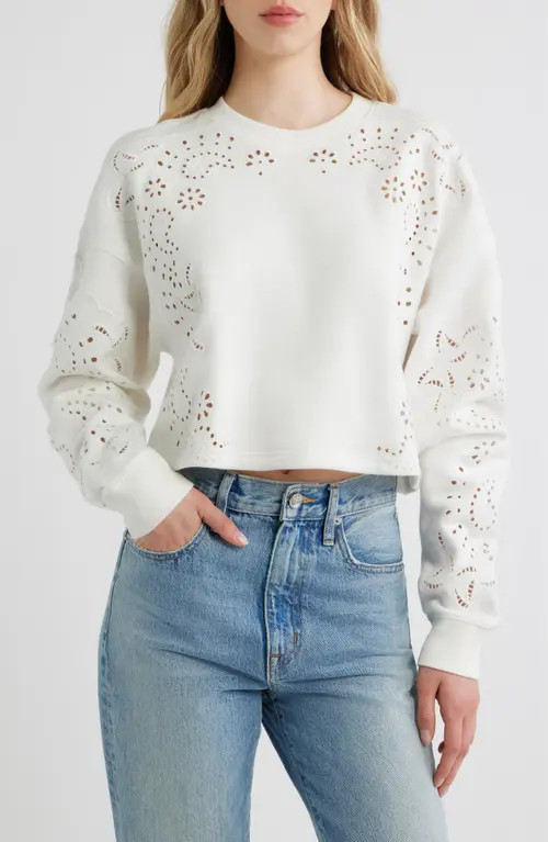 LoveShackFancy Lalo Eyelet Sweatshirt in True White at Nordstrom, Size Medium | Nordstrom