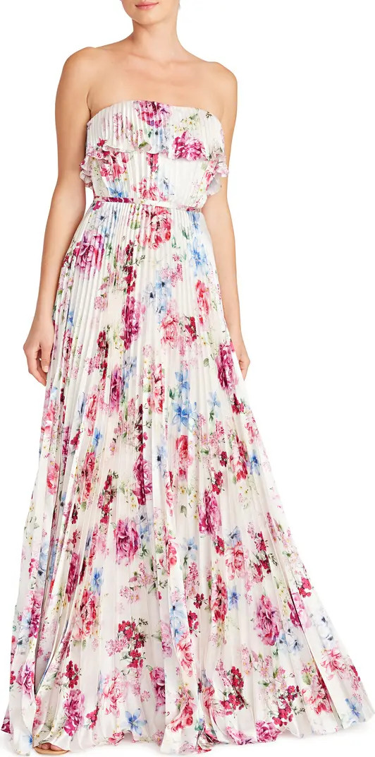 Floral Pleated Satin Strapless Gown | Nordstrom