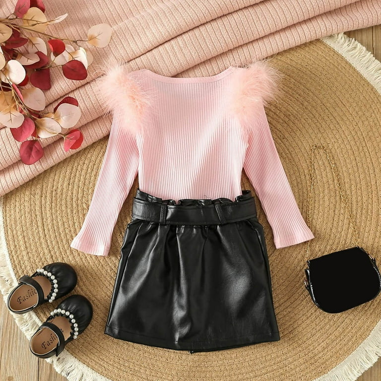 posdfud Kids Toddler Baby Girls Spring Summer Solid Cotton Ribbed Long Sleeve Tops Leather Skirt ... | Walmart (US)