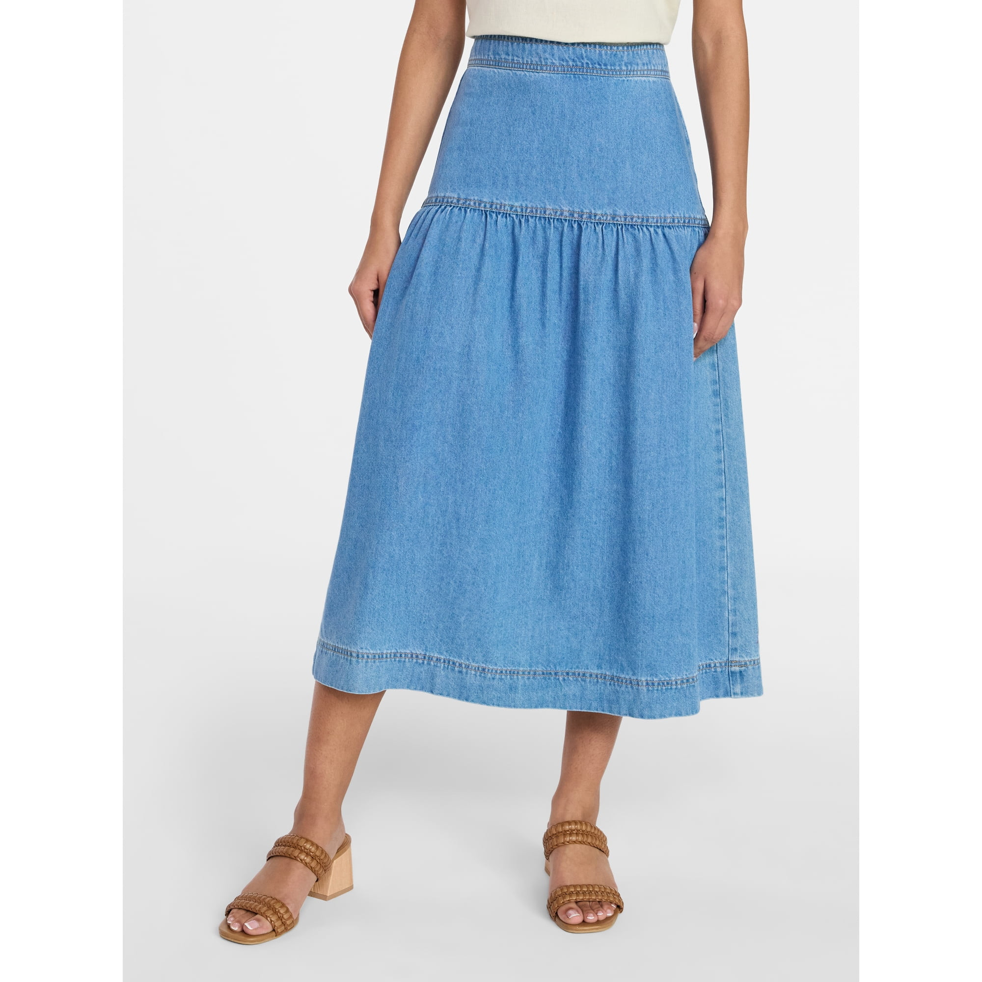 Time and Tru Women's Drapey Denim Midi Skirt, Sizes 0-20 | Walmart (US)