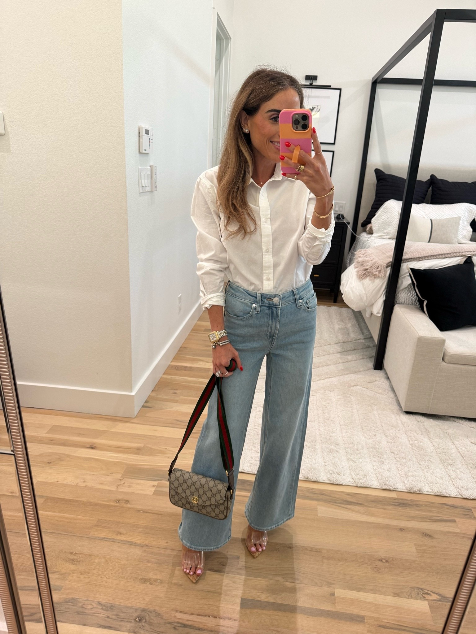 An easy outfit that always looks put together white button down shirt with wide leg jeans size 24
