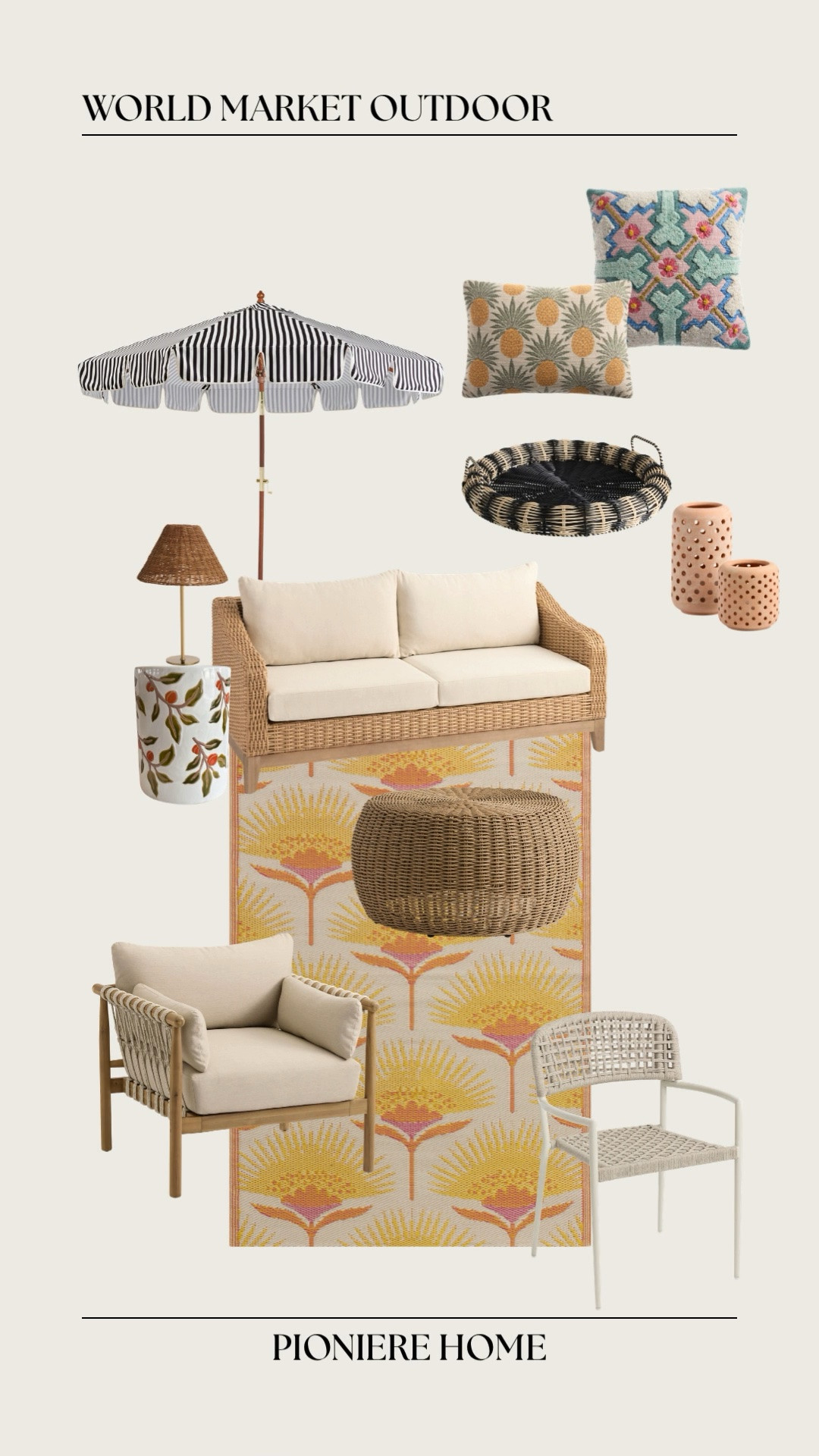 World market outdoor furniture and decor. Wicker outdoor furniture, colorful outdoor finds, outdoor pillows, striped umbrella, affordable home finds

#LTKSeasonal #LTKHome #LTKdayinmylife