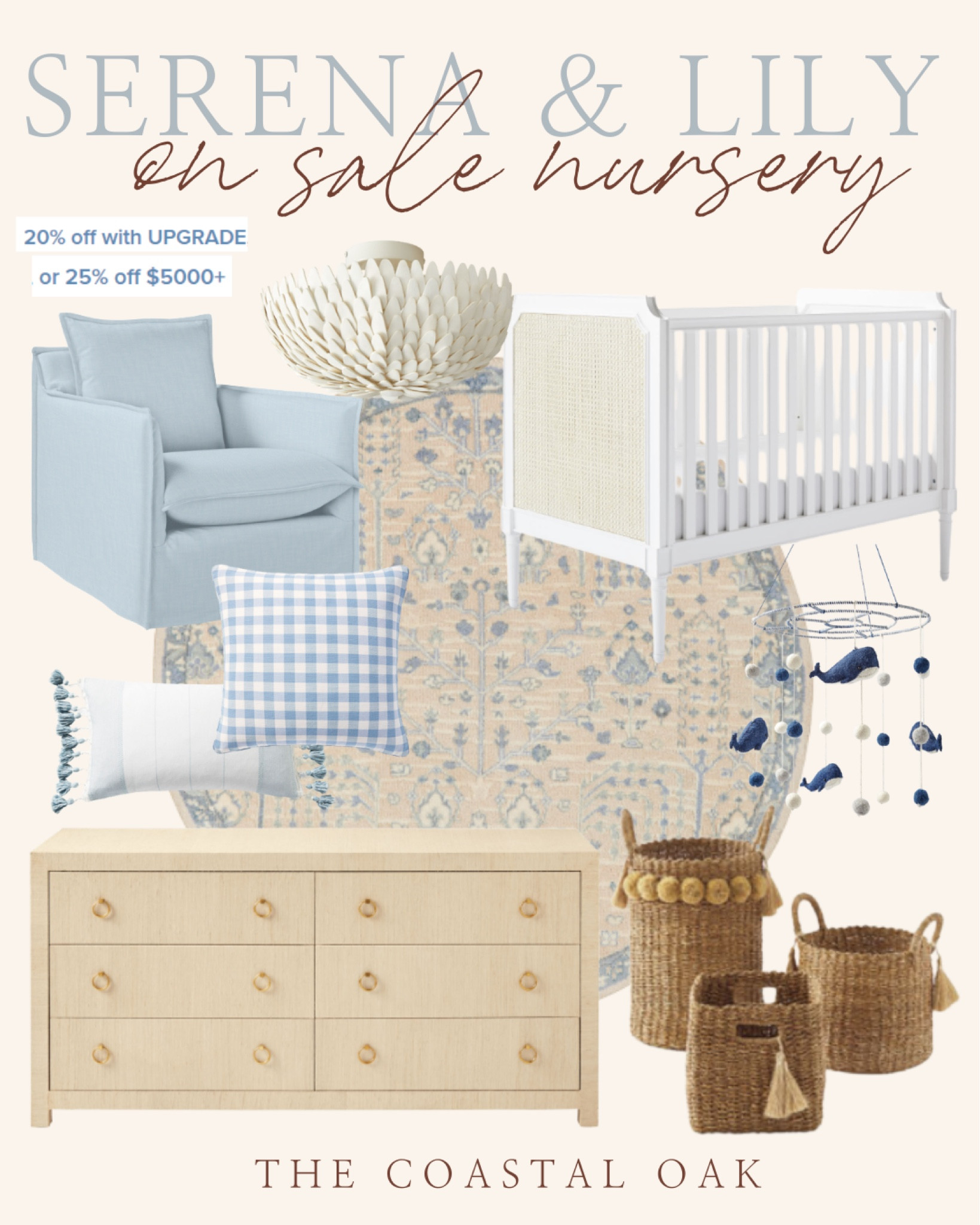 Everything 20% off (including sale items!) at Serena and lily! Loving this blue and white coastal nursery design 

White crib cane raffia woven baskets gingham boy nursery girl gender neutral baby coastal home glider timeless nursery design 

#LTKhome #LTKbaby #LTKsalealert