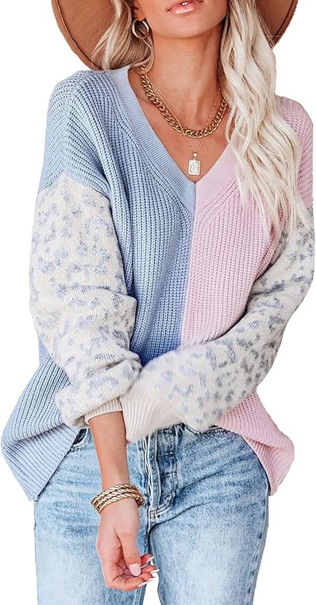 ANCAPELION Women’s V Neck Sweater Pullover Leopard Long Sleeve Basic Color Block Jumper Casual ... | Amazon (US)