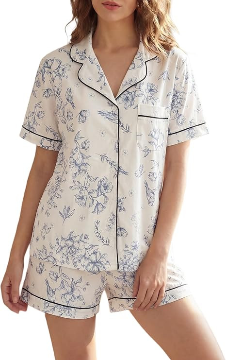 LUBOT 2026 100% Cotton Pajamas for Women PJ Set with Pockets Soft 2 Piece Short Sleeve Button Kni... | Amazon (US)