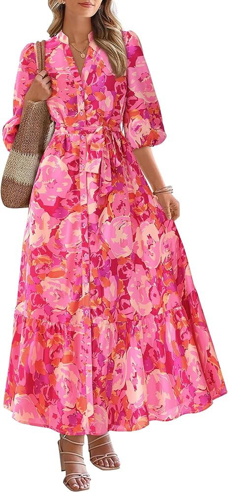 MASCOMODA Womens Floral Maxi Dresses Boho Summer Casual V Neck 3/4 Puff Sleeve Button Down Tie Wa... | Amazon (US)
