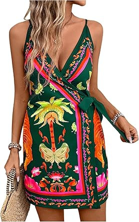 RoseSeek Women's Tropical Print Cami Dress Sleeveless Wrap V Neck Tie Knot Boho Short Dresses | Amazon (US)