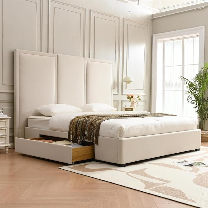 YUHUASHI Queen Size Bed Frame with 64-inch High Headboard, Simple and Airy Linen Upholstered Plat... | Amazon (US)