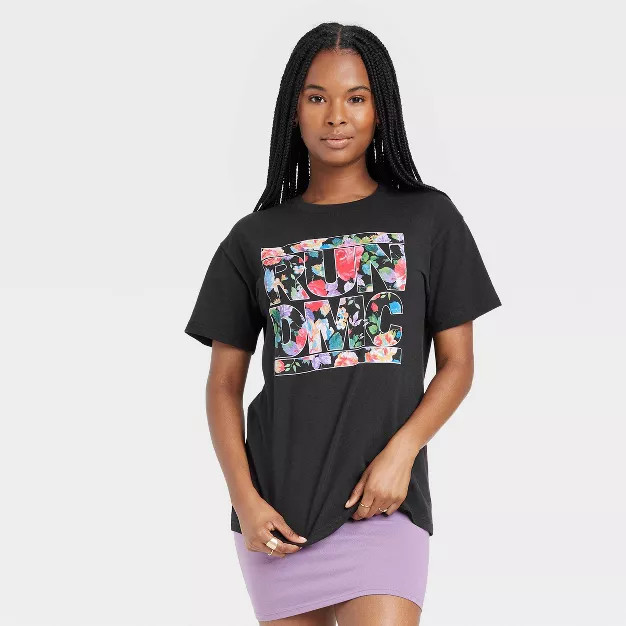 Women's RUN DMC Floral Short Sleeve Graphic Boyfriend T-Shirt - Black | Target