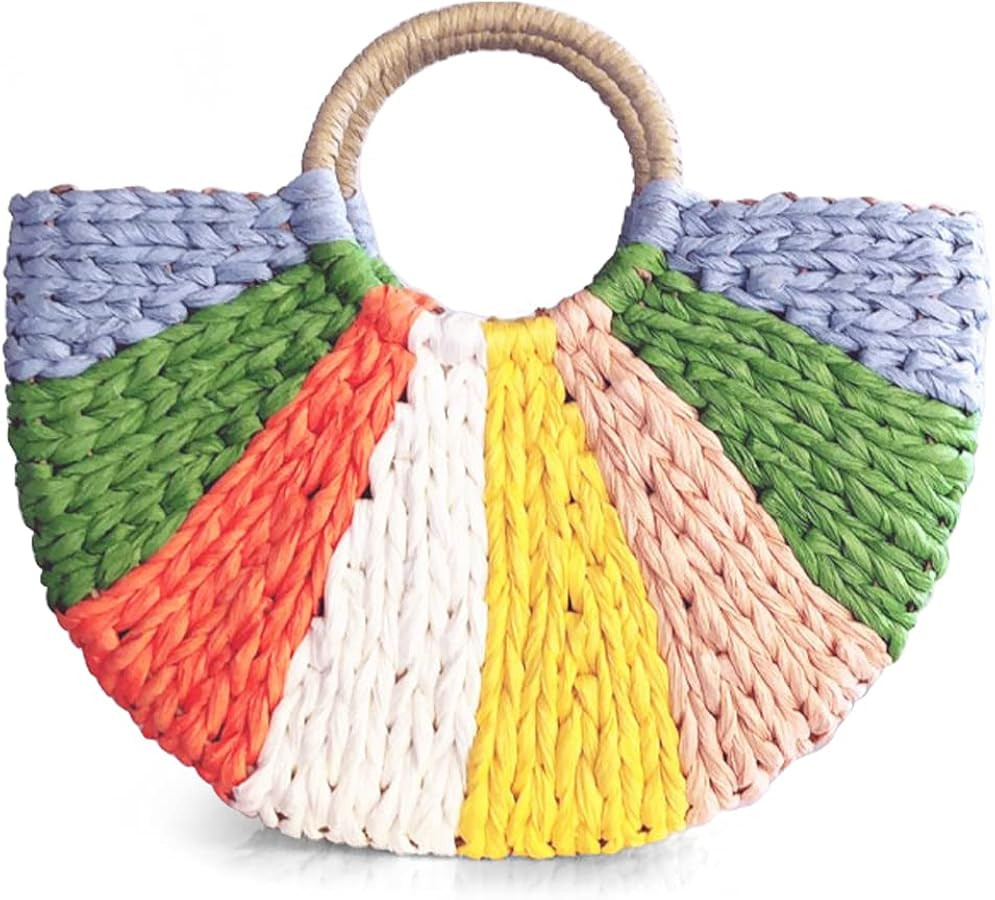 Amazon.com: QTKJ Simple Retro Semi-circle Rattan Straw Bag Hand-Woven Round Women Straw Paper Han... | Amazon (US)