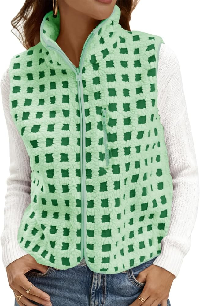 Tankaneo Womens Checkered Sherpa Vest Fleece Fuzzy Zip Up Sleeveless Jacket Casual 2025 Winter Wa... | Amazon (US)