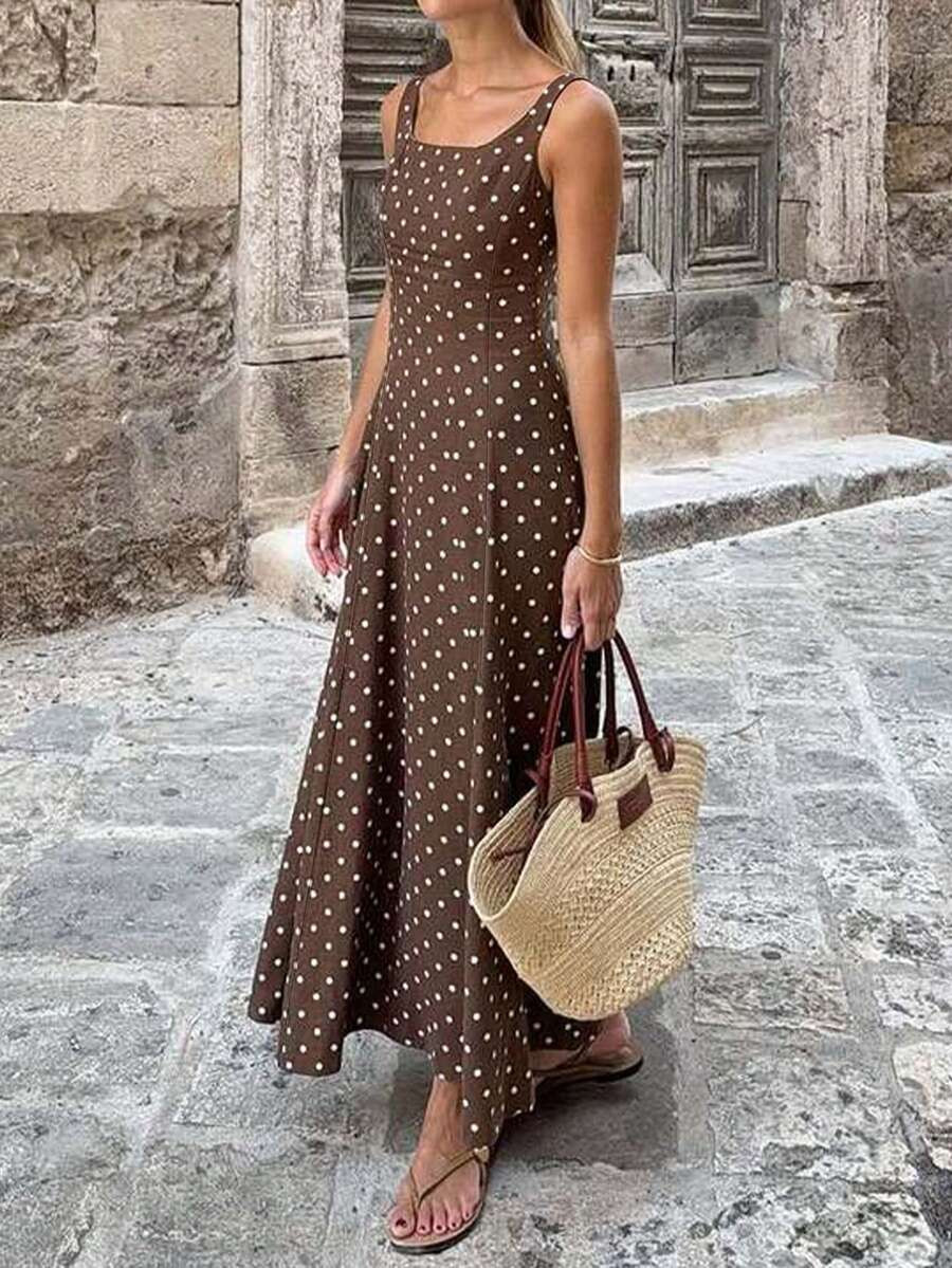 Spring/Summer Brown Base White Polka Dot Sleeveless A-Line Maxi Dress, Minimalist Elegant Style F... | SHEIN