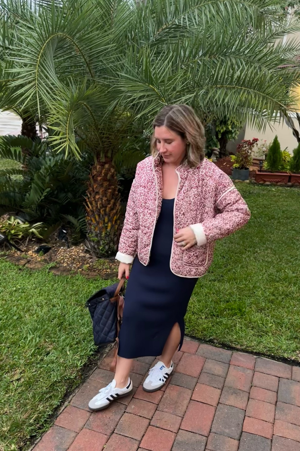 Quilted jacket, dress, sambas, casual style 

#LTKmidsize #LTKfindsunder100 #LTKstyletip