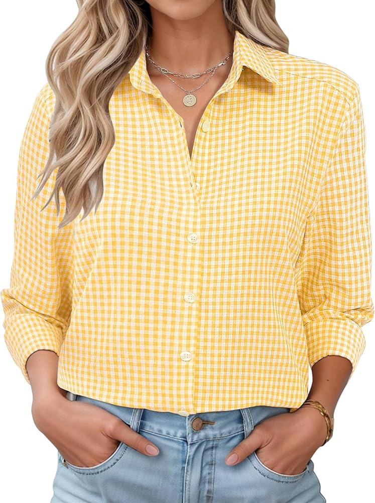 LOMON Womens Long Sleeve Button Down Shirts Casual Loose Fit Cotton Collared Blouses | Amazon (US)