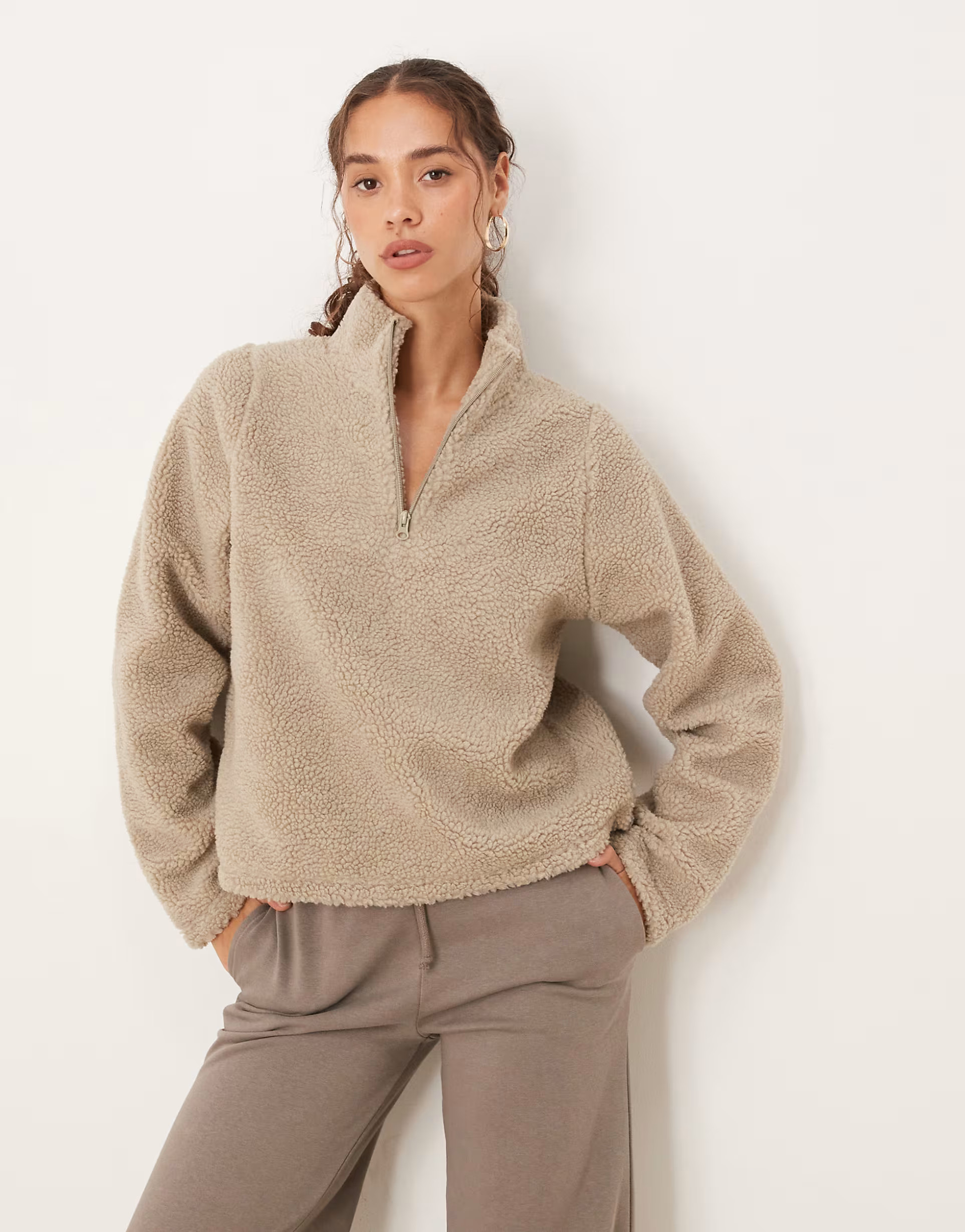 Brave Soul Quarter zip sherpa fleece in taupe | ASOS (Global)