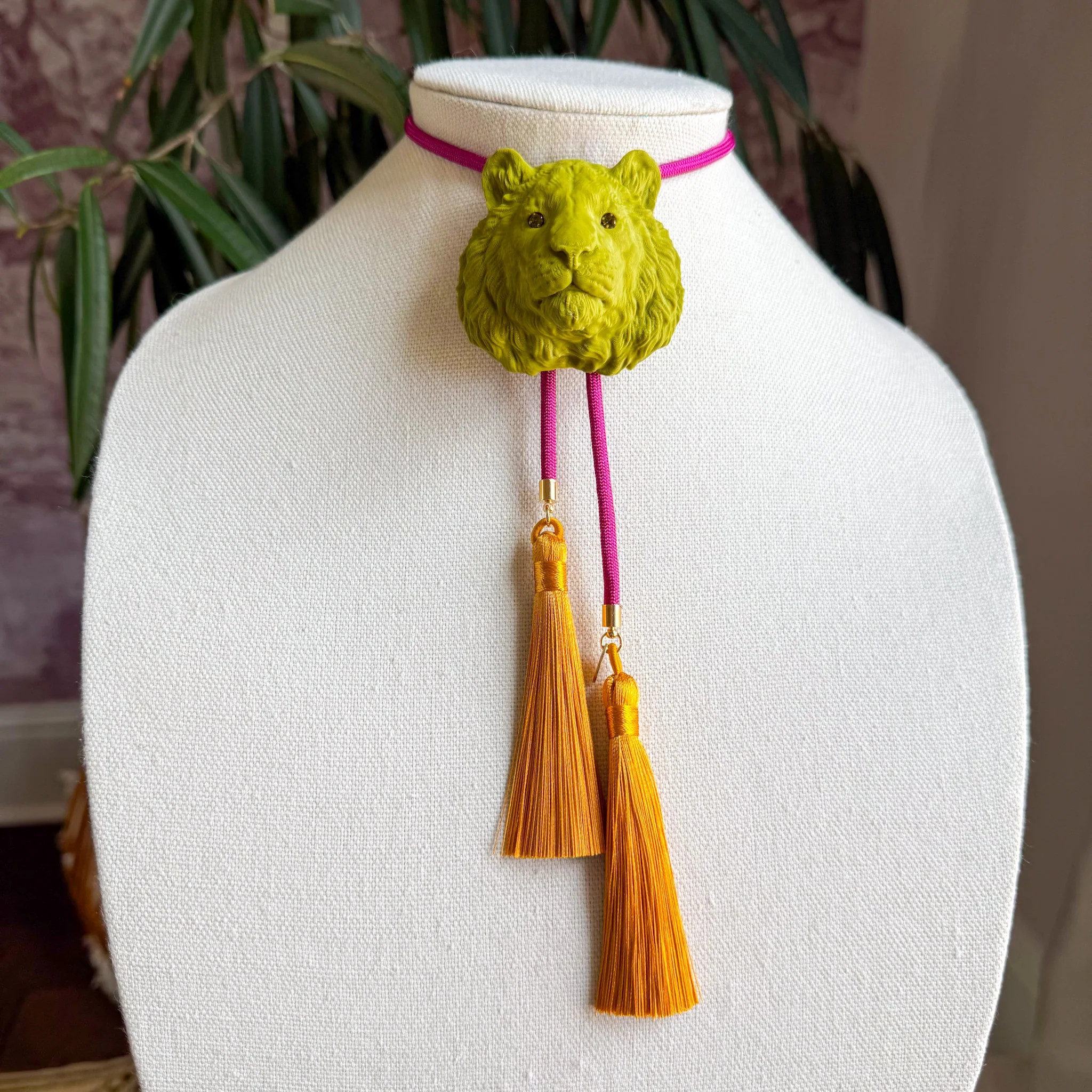 Tiger Bolo Olive Green with Fuchsia & Golden Yellow | Rahya Jewelry Design
