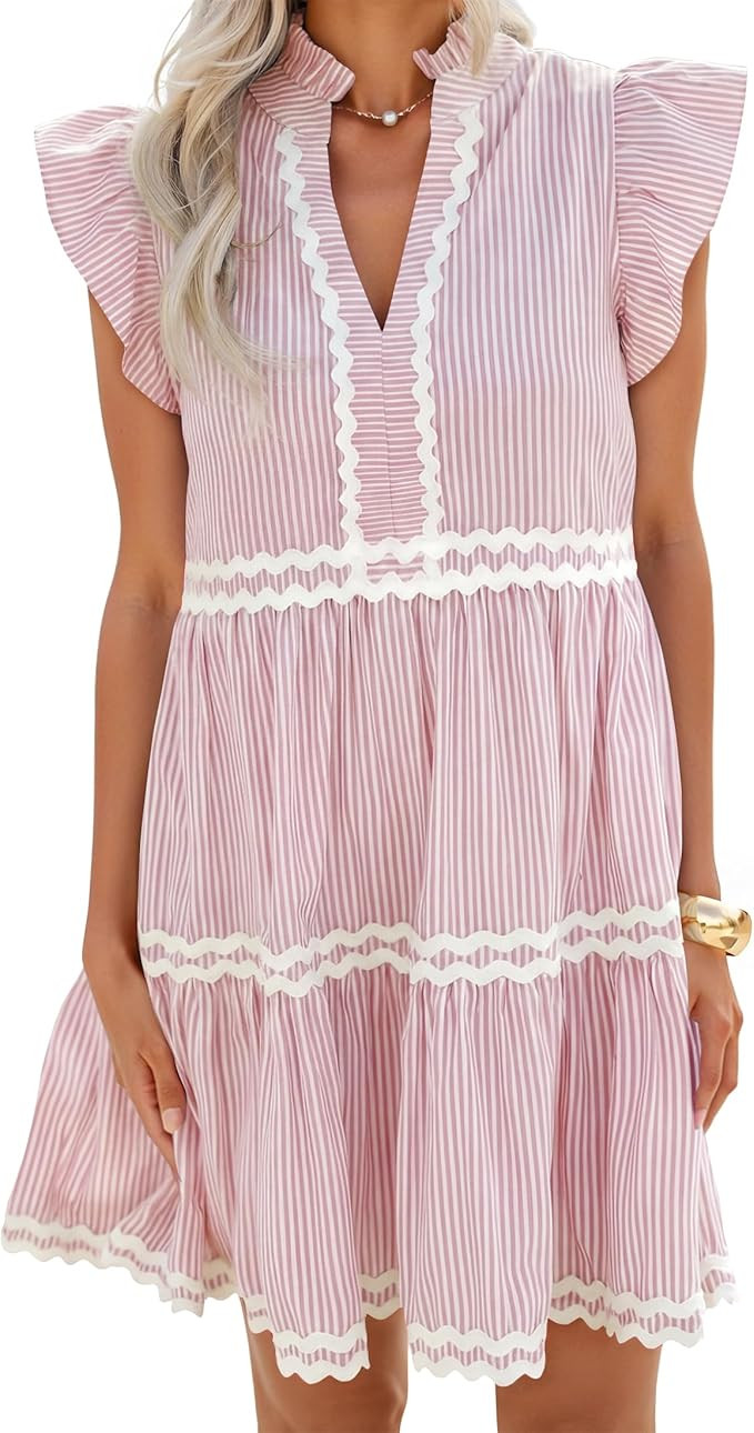 ZESICA Women's Summer Casual Mini Dress 2026 V Neck Flutter Short Sleeve Striped Ruffle A Line Be... | Amazon (US)