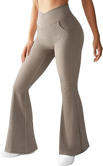 OMKAGI Women Crossover Flare Leggings with Pockets High Waisted Bootcut Yoga Pants | Amazon (US)