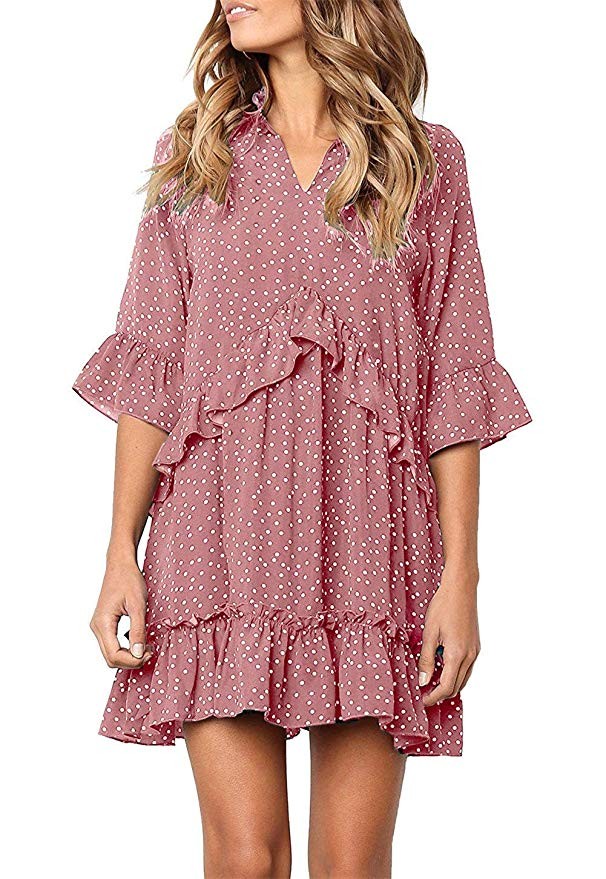 onlypuff Ruffle Polka Dot Dresses for Women Swing Tunic Tops Casual Loose Fitting V Neck Sleevele... | Amazon (US)