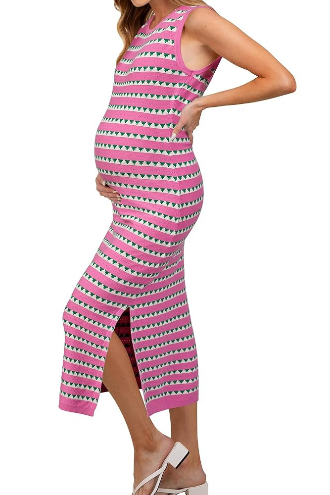 OUGES Women's 2025 Summer Maternity Dress Knit Sleeveless Crewneck Midi Dress Side Slit Striped B... | Amazon (US)