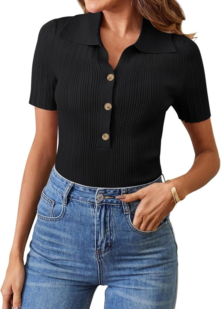 MEROKEETY Women's Short Sleeve V Neck Ribbed Knit T Shirts Summer Fitted Polo Work Casual Basic T... | Amazon (US)