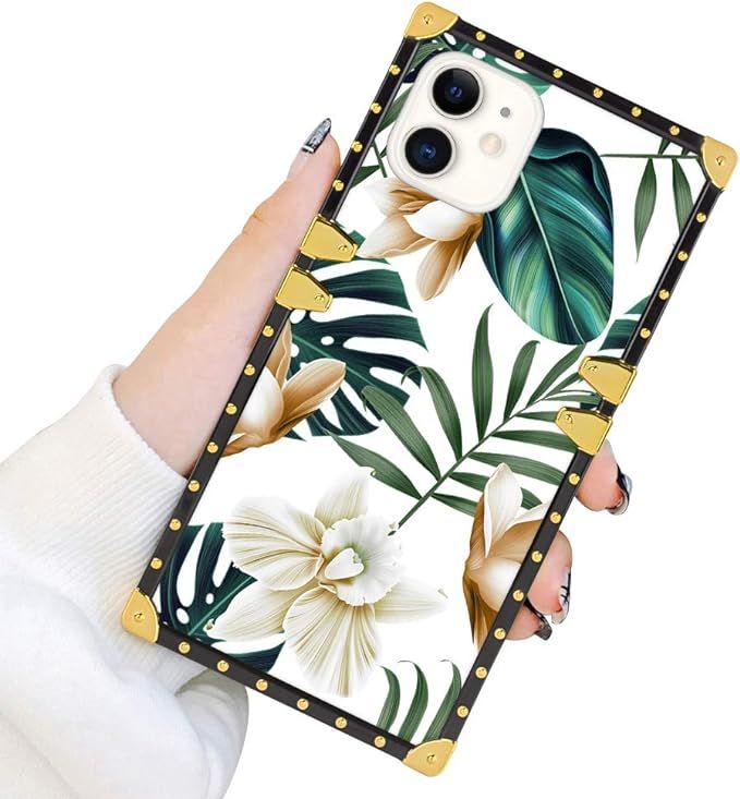 Square Case Compatible iPhone 11 2019 6.1 Inch Green Leaves with White Brown Flowers Luxury Elega... | Amazon (US)