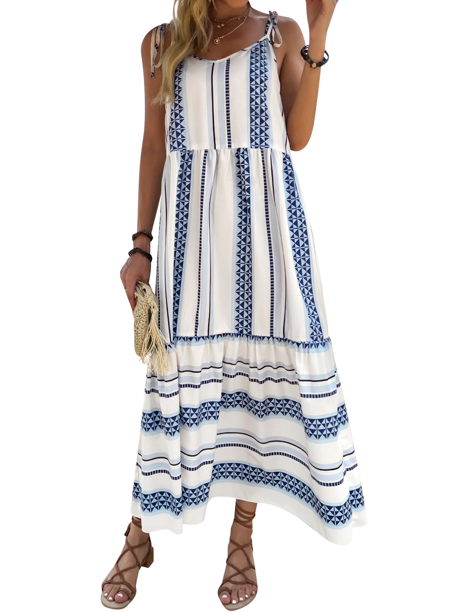 HUBERY Women Striped Graphic Print V Neck Open Back Tiered Pleated Dress - Walmart.com | Walmart (US)