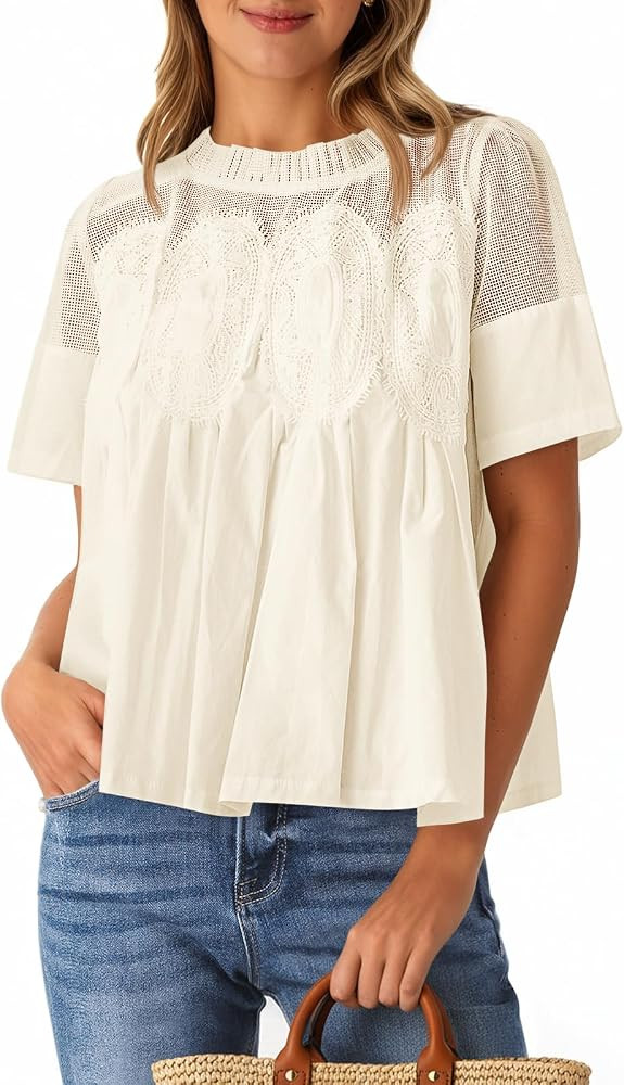 Cicy Bell Womens Babydoll Lace Blouses Short Sleeve Peplum Loose Tops | Amazon (US)