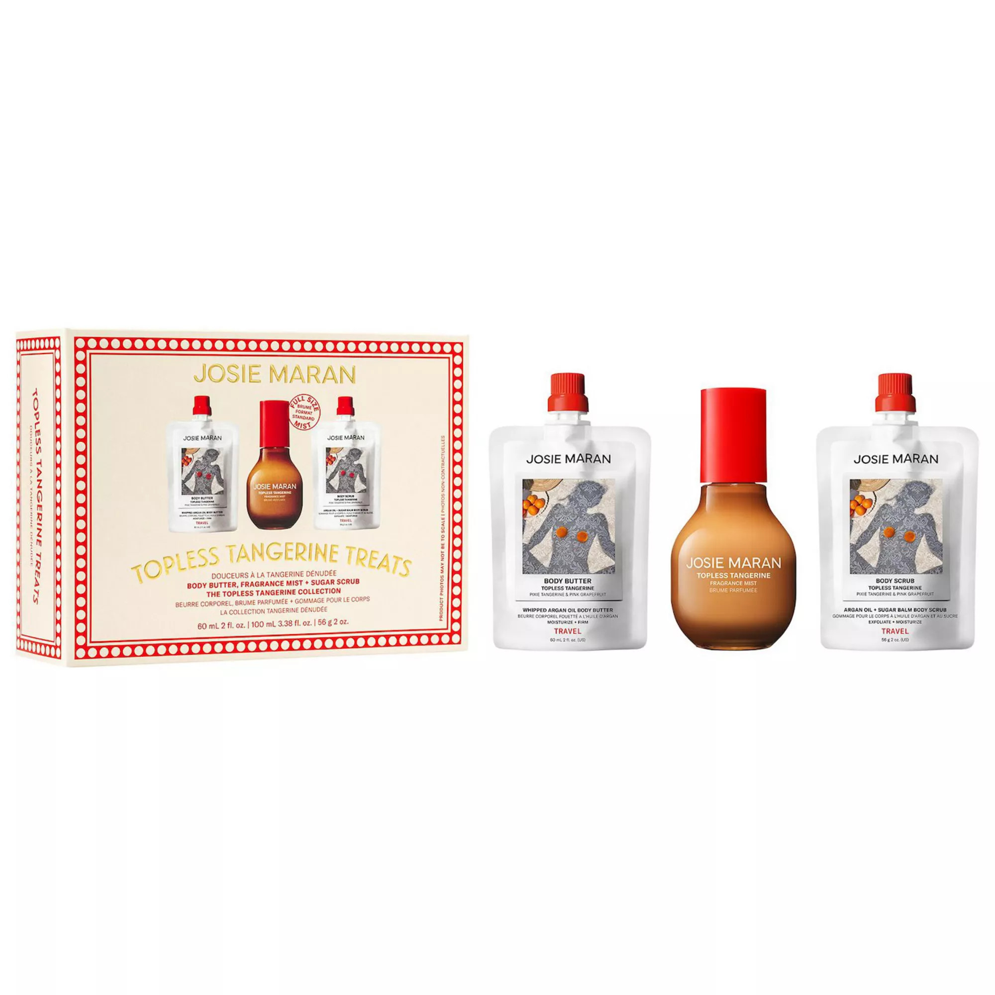 Josie Maran Topless Tangerine Treats Body Butter, Fragrance Mist, Sugar Scrub Gift Set | Kohl's