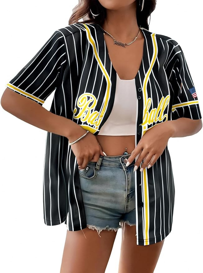 Baseball Shirt Jersey Women Baseball Player T-Shirt Game Day Fan Graphic Tees Button up Short Sle... | Amazon (US)