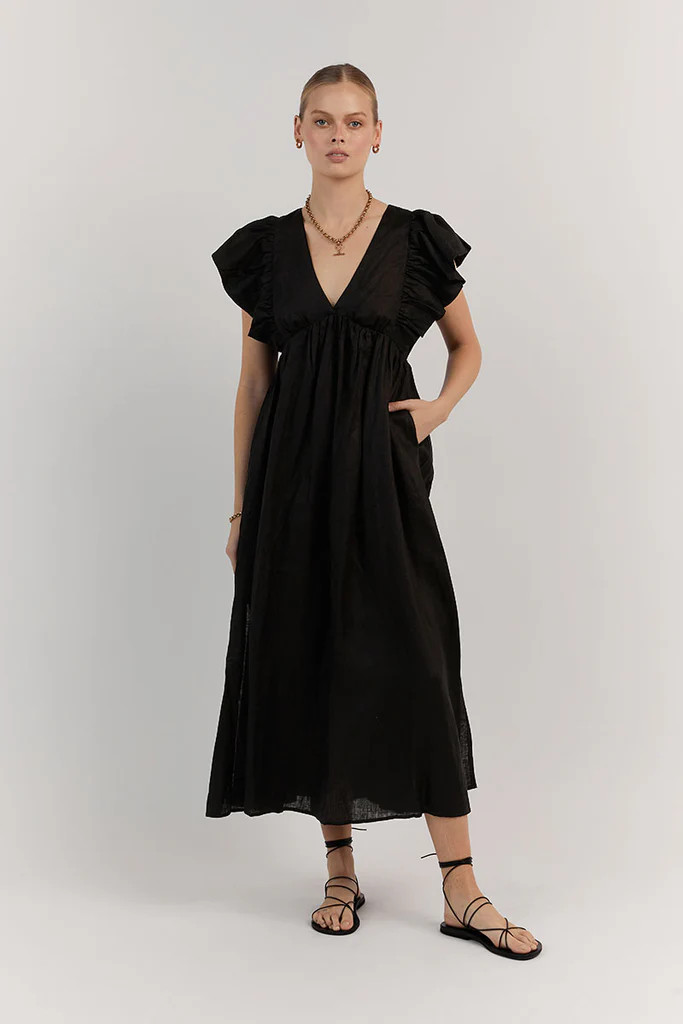 BONNIE BLACK LINEN FRILL MIDI DRESS | DISSH