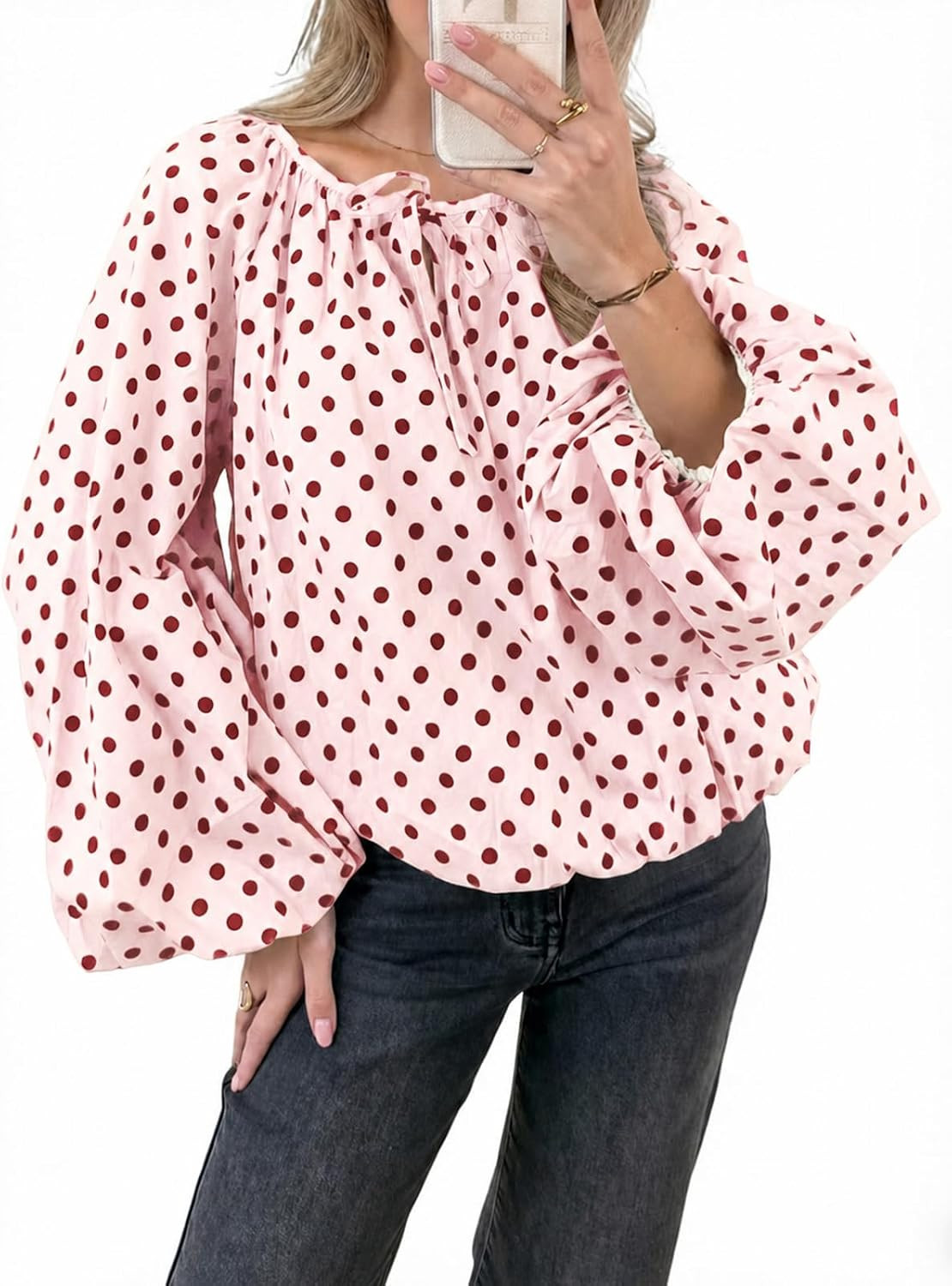 Tankaneo Womens Polka Dot Balloon Sleeve Blouse Long Sleeve Boat Neck Tops | Amazon (US)