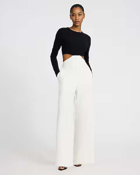 Color Block Crew Neck Long Sleeve Cutout Jumpsuit With Pockets | Express