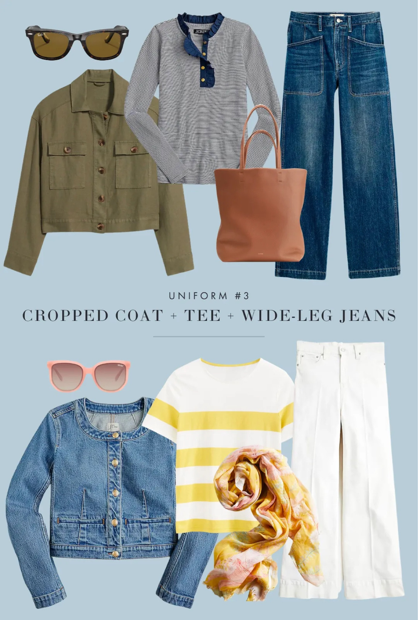 Uniform #3: Cropped jacket + stripe tee + wide-leg pants

I know we all love our skinny jeans but here’s a nudge to try wide-leg styles. Pair these with a fun stripe and cropped jacket for a fresh spin on a weekend uniform. Make sure you keep the coat short, so it ends before the volume of the denim begins.