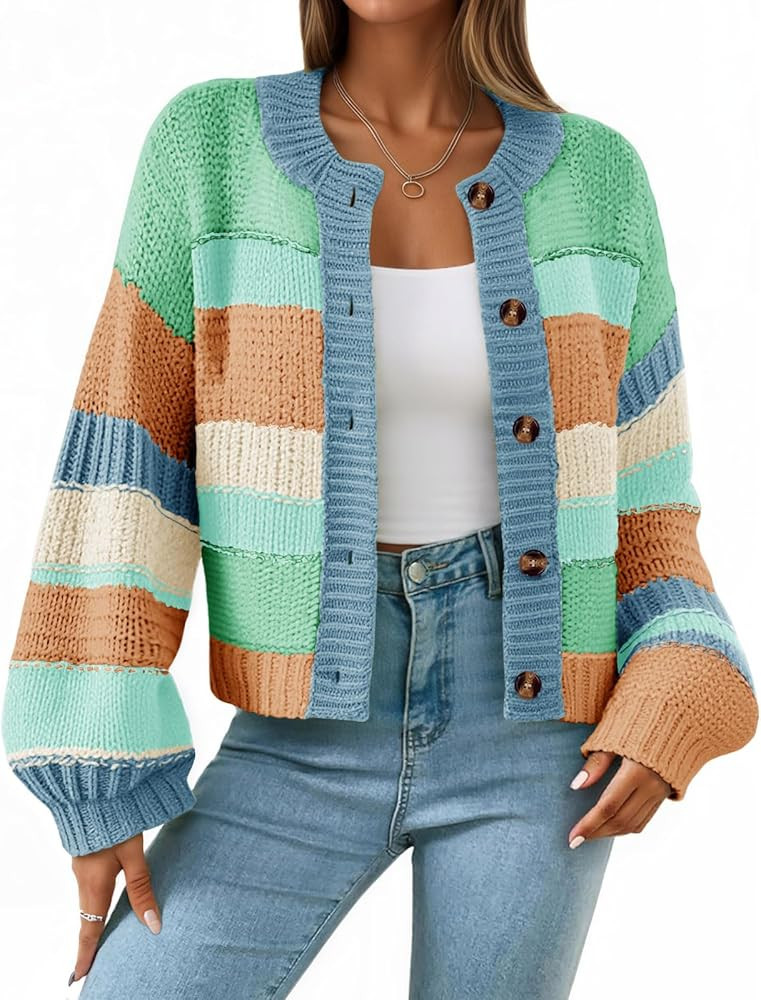 Saodimallsu Womens Striped Chunky Cardigan Sweaters Button Up Fall Trendy Color Block Long Sleeve... | Amazon (US)