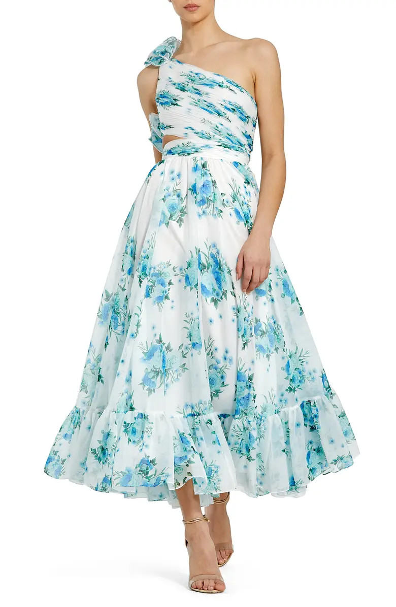 Mac Duggal Floral Print Ruffle Cutout One-Shoulder Midi Dress | Nordstrom | Nordstrom