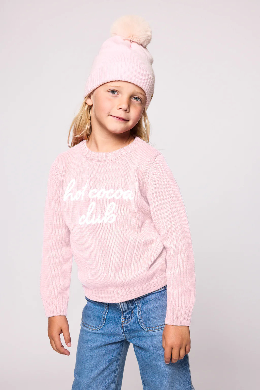 Duffield Lane x Northern Classics Kids Hot Cocoa Club Crew Neck Sweater in Light Pink | Duffield Lane