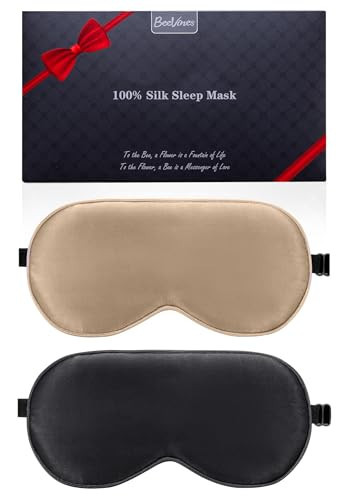 BeeVines Sleep Mask, 2 Pack 100% Real Natural Pure Silk Eye Masks with Adjustable Strap for Sleeping, Mulberry Silk Eye Shade Cover, Block Light Reduces Puffy Eyes Traveling Gifts(Black & Olive Gold) | Amazon (US)