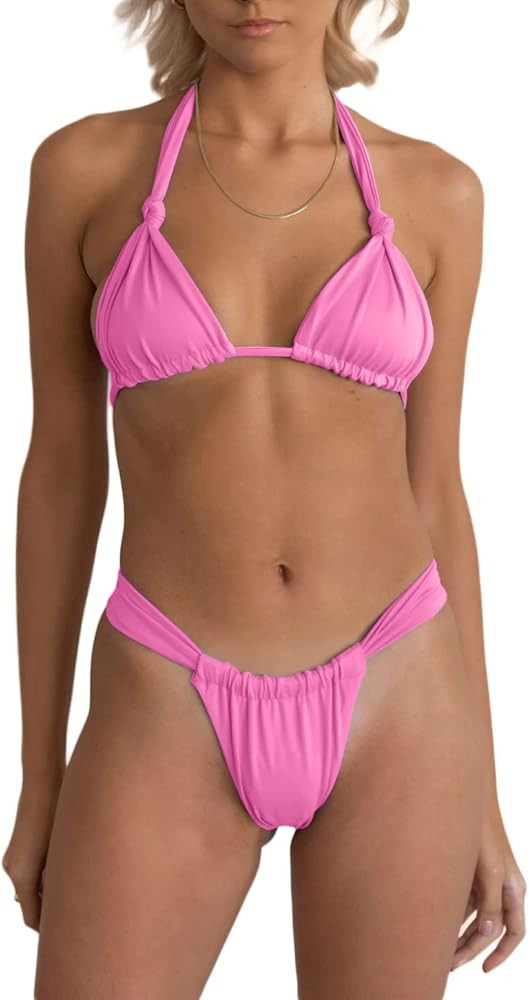 Women Two Piece Swimsuits Halter Triangle String Bikini Sets Sexy Ruched Brazilian Cheeky Thong B... | Amazon (US)