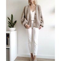 Cable Knit Cardigan, Chunky Sweater, Wool Oversized Beige Women Cardigan | Etsy (US)