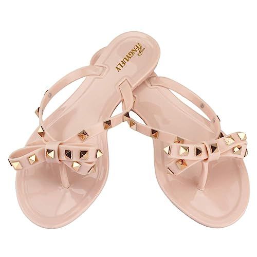 TENGYUFLY Womens Rivets Bowtie Flip Flops Jelly Thong Sandal Rubber Flat Summer Beach Rain Shoes | Amazon (US)