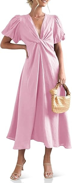 Women Puff Sleeve Maxi Dress Twist Front V Neck Long Dresses Casual Summer Beach Midi Dress | Amazon (US)