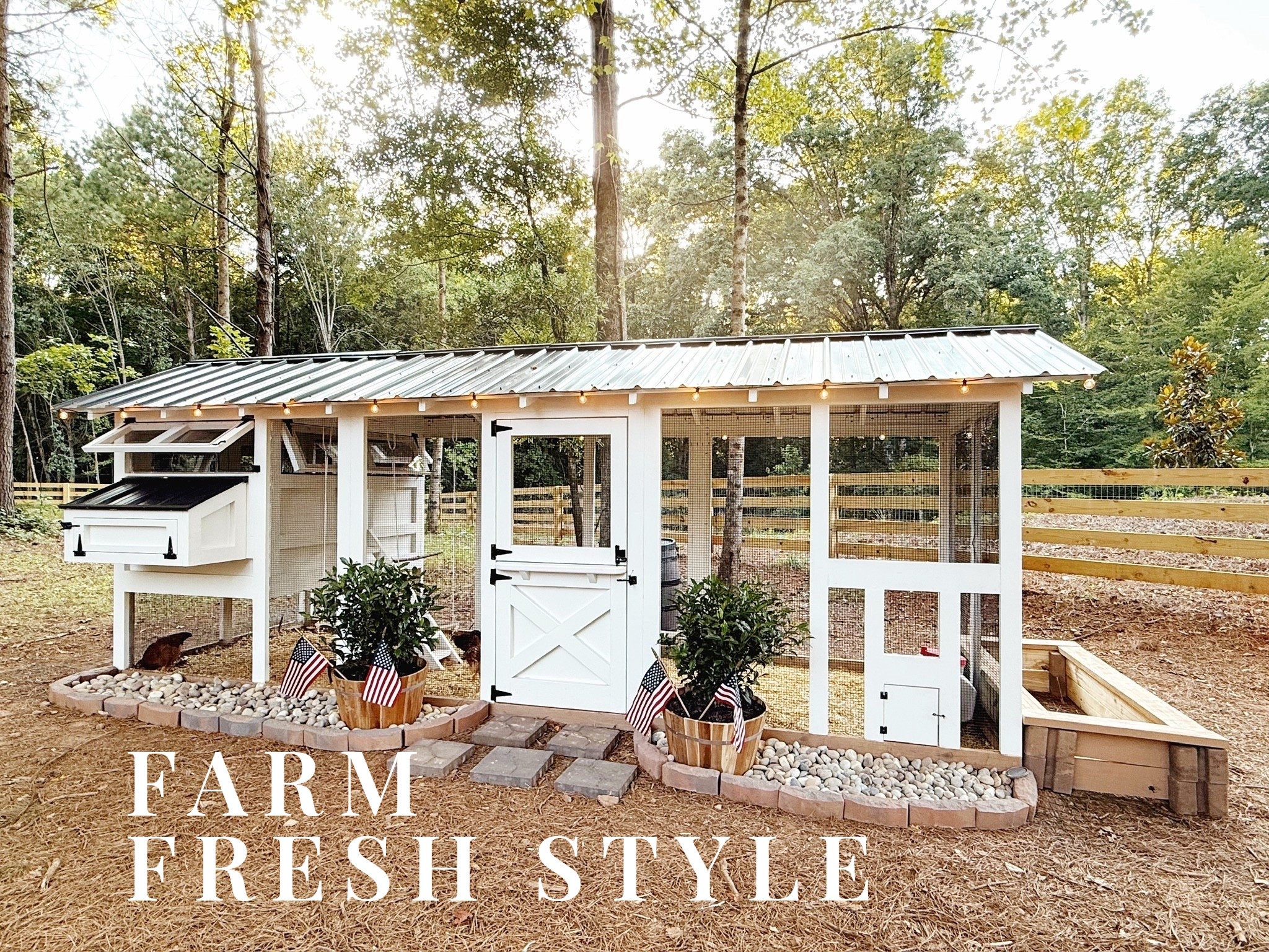 Our backyard coop, but make it ✨chic✨
This cozy hen house features a white board-and-batten build, matte black accents, stone-lined planters, twinkle lights, and American flags for a festive summer vibe 🇺🇸🌿

Perfectly functional + totally adorable.
Shop the details that make outdoor spaces feel extra special 🐓💛

#porcheandco #ltkhome #chickencoopdesign #backyardchickens #homesteadlife #outdoorstyle #modernfarmhouse #coopliving #stylishcoop #curatedexterior #americanahome


#LTKHome #LTKOver40 #LTKStyleTip