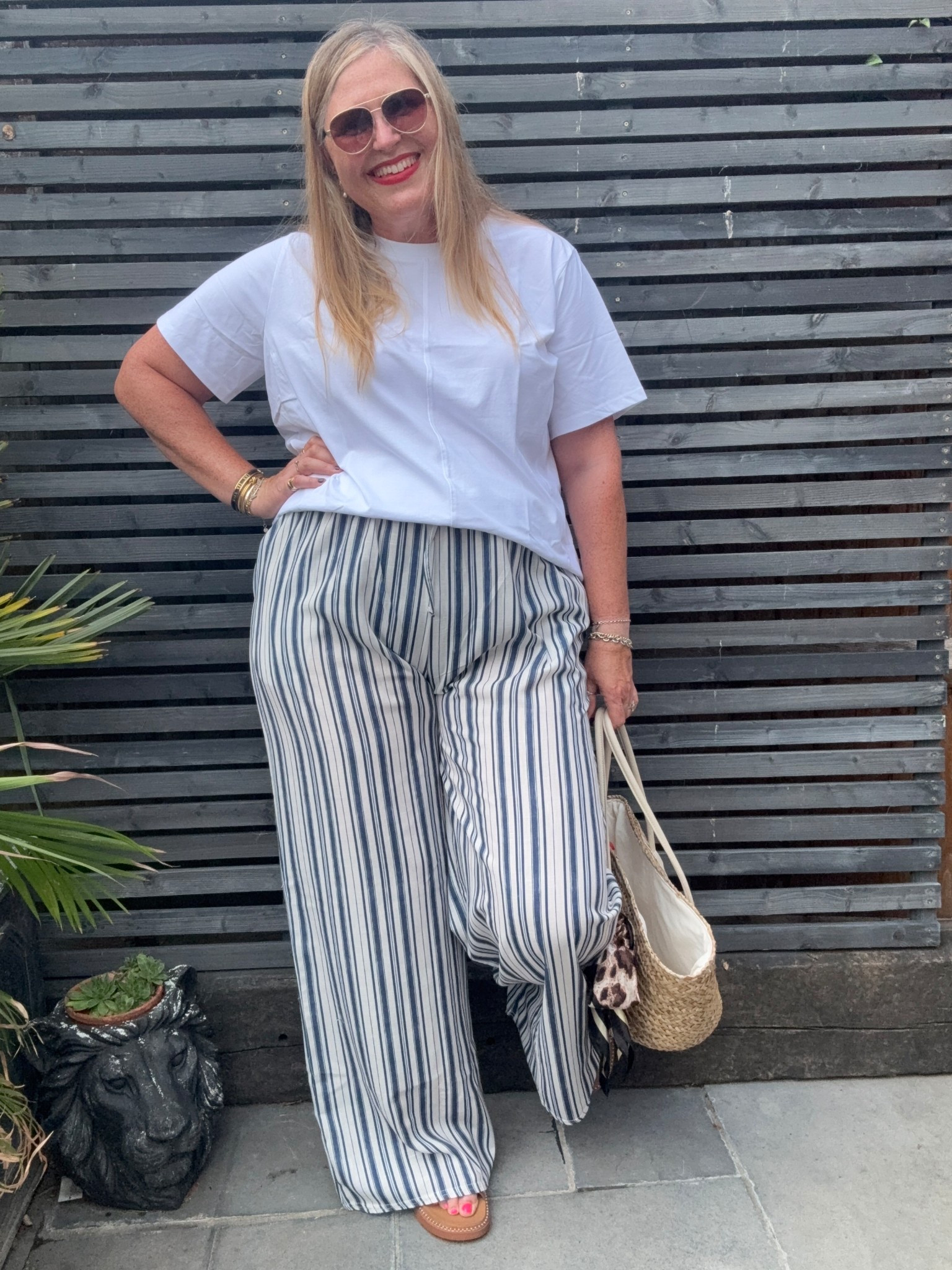 White tshirt, blue striped trousers, brown sandals, sunglasses, straw bag 

#LTKcurves #LTKplussize #LTKsummer