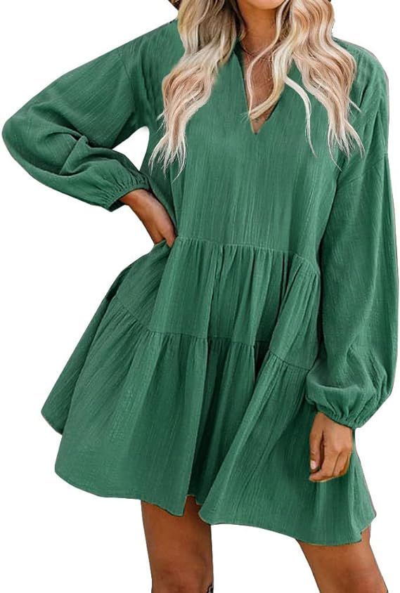 FANCYINN Cute Shift Tunic Dress Ruffle Swing Babydoll Juniors Mini Ruffle Dress with Pockets | Amazon (US)