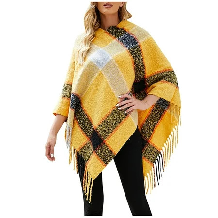 Hfyihgf Womens Elegant Knitted Poncho Sweater Tops V Neck Striped Pullover Soft Scarf Wrap Cape with | Walmart (US)