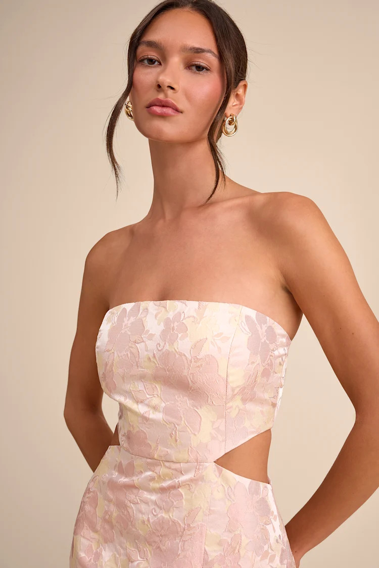 Nathania Blush Floral Jacquard Strapless Bubble-Hem Maxi Dress | Lulus