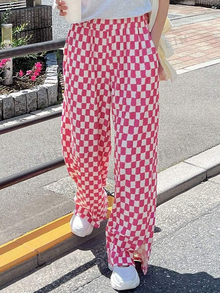 FRIFUL Women's Checkered Elastic Waist Straight Leg Casual Pants With Pockets | SHEIN